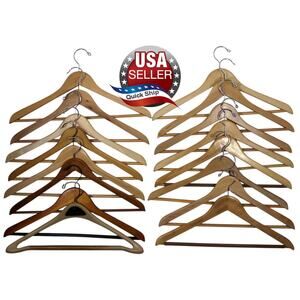 Lot of 16 Solid Wooden Hangers Coat Jacket with Bar For Skirts Pants • 1 Plastic